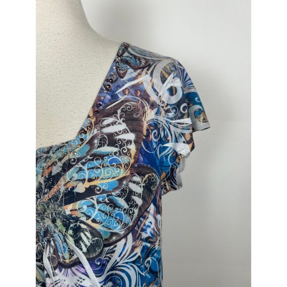 Live and Let Live Sz M Blue bohemian Shirt soft hippie Y2K Flutter Sleeve Tunic - Picture 4 of 5